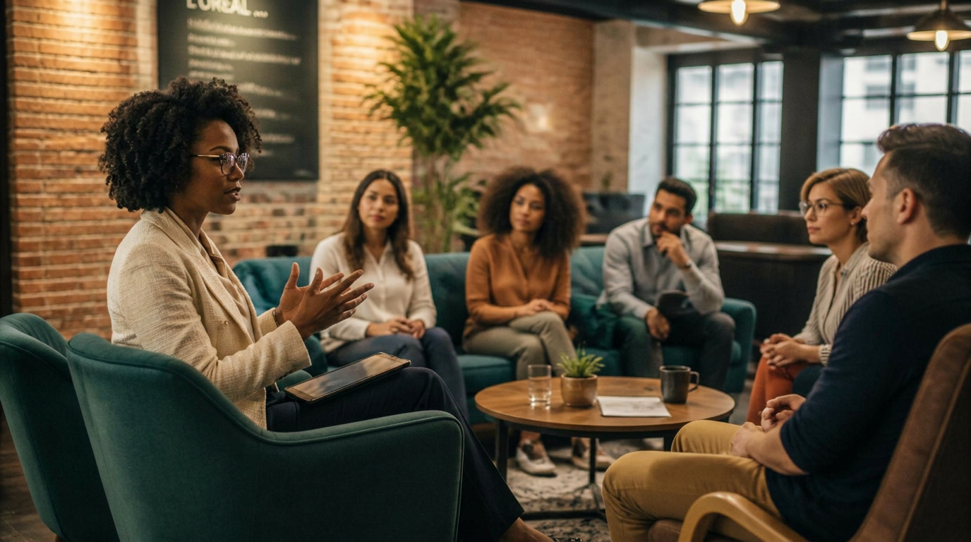 An intimate gathering in a co-working lounge where aspiring homeowners learn from an investor