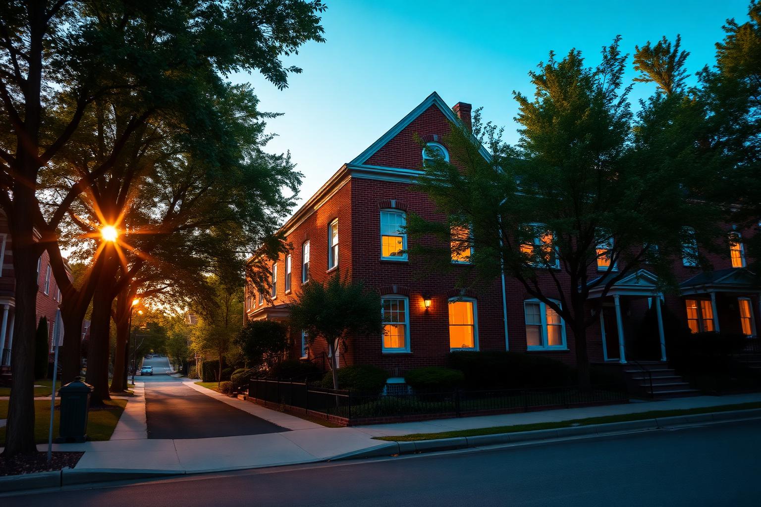 A modest home in a warm urban neighborhood at dusk